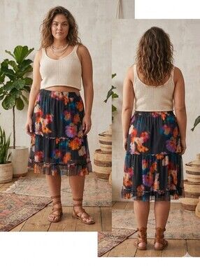 New Rosie Floral Tiered Midi Skirt in Black Floral Art Plus Size